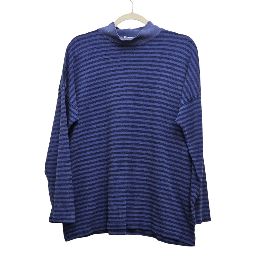 CP Shades Mock Neck Top Womens Medium Blue Striped Cotton Rayon Coastal Casual